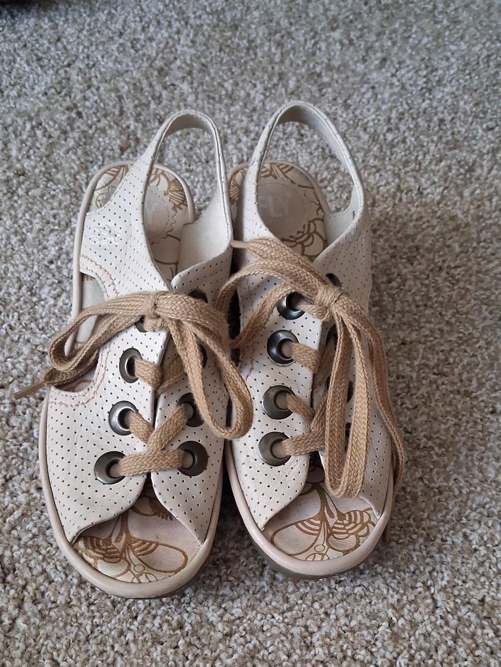 Fly London Beige Perforated Lace-Up Slingback Sandals